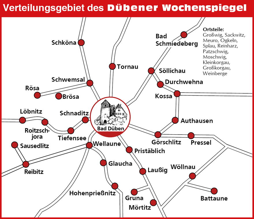 Verteilgebiet des Dübener Wochenspiegel als Karte